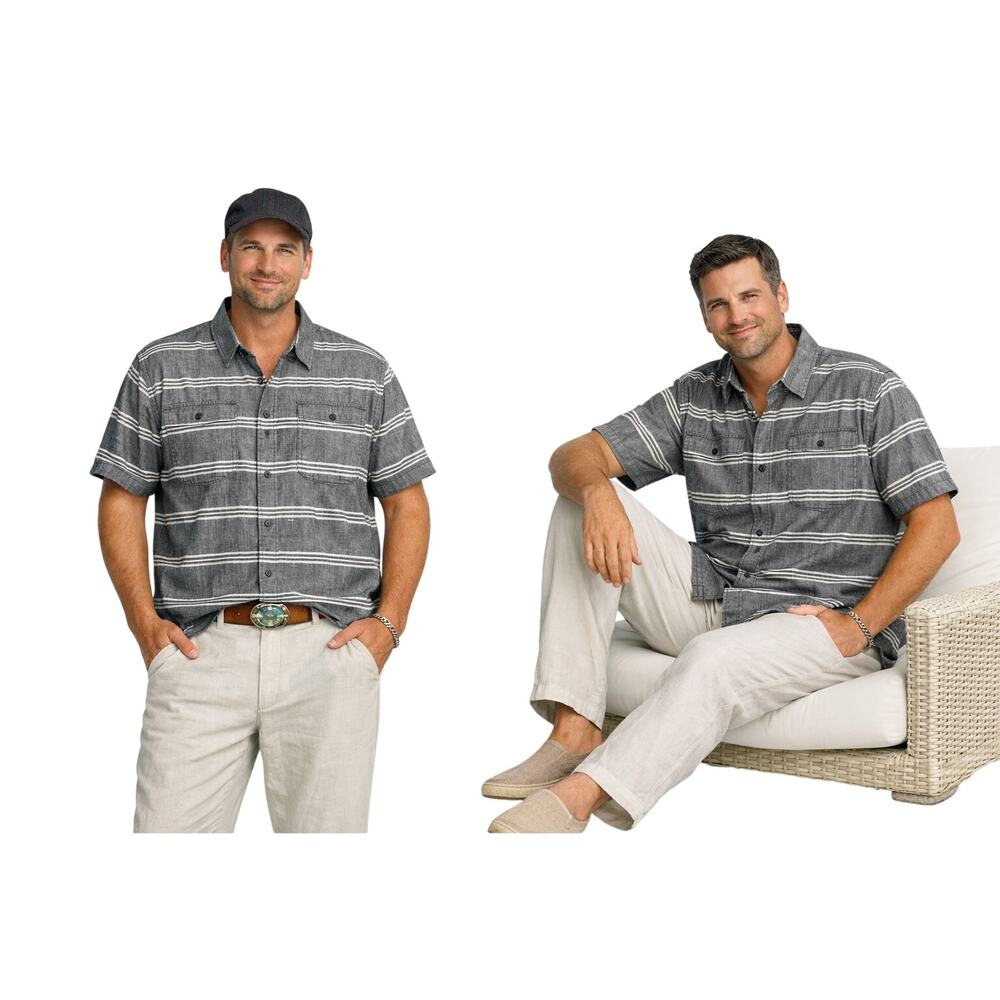 Rip Curl Mens XL Gray White Stripe Short Sleeve Button Up Linen‑Blend Resort NWT